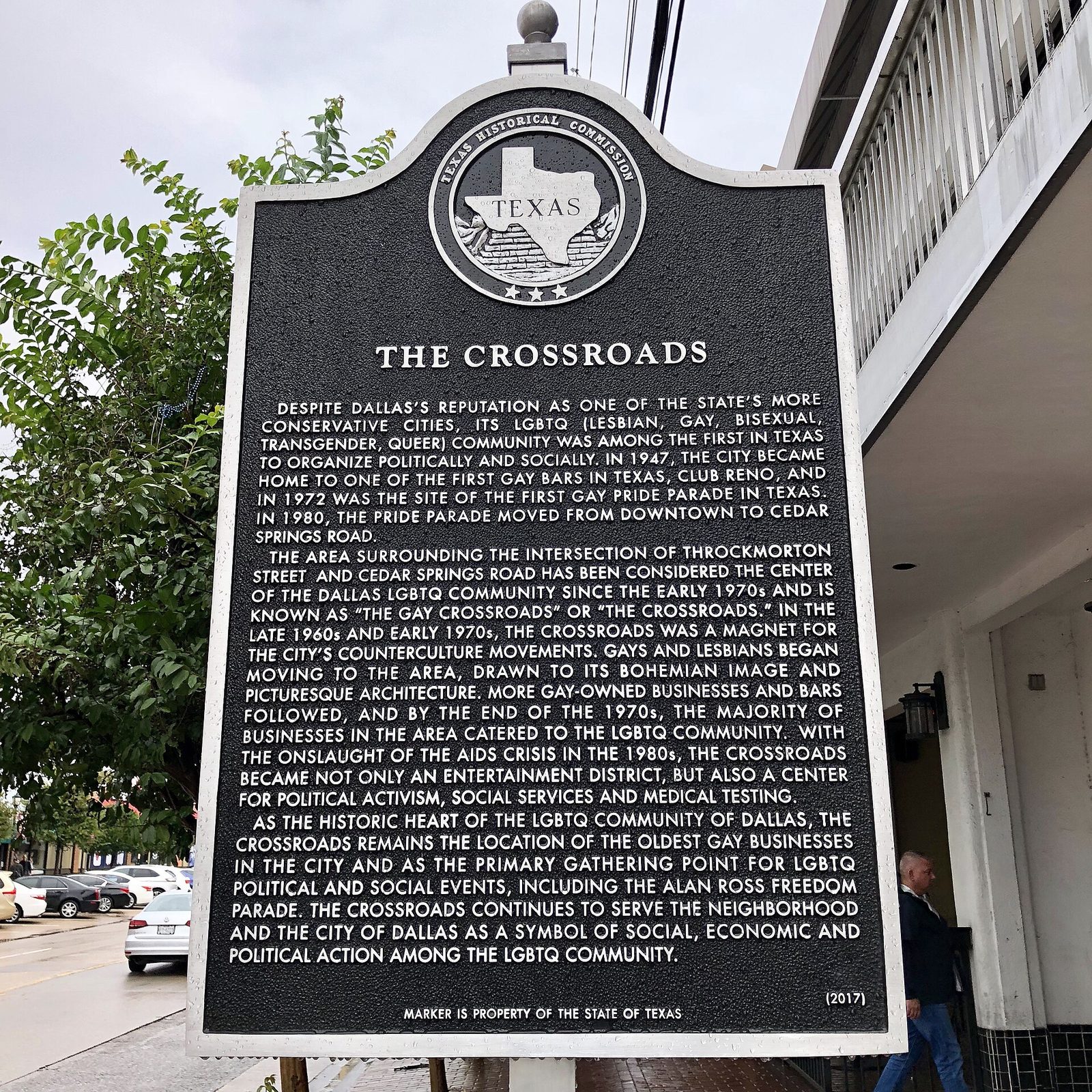 A Texas historical marker on Cedar Springs Road in Oak Lawn, Dallas