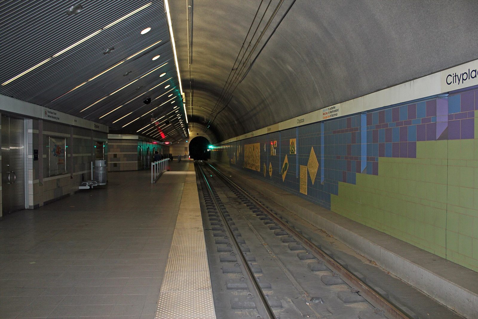 Underground platform and tiled wall at the CityPlace DART station in Dallas