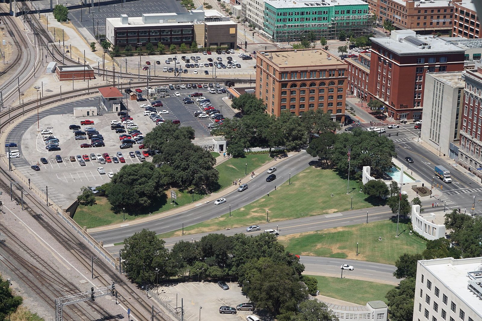 Aerial view of Dealey Plaza and the surrounding West End streets in Dallas