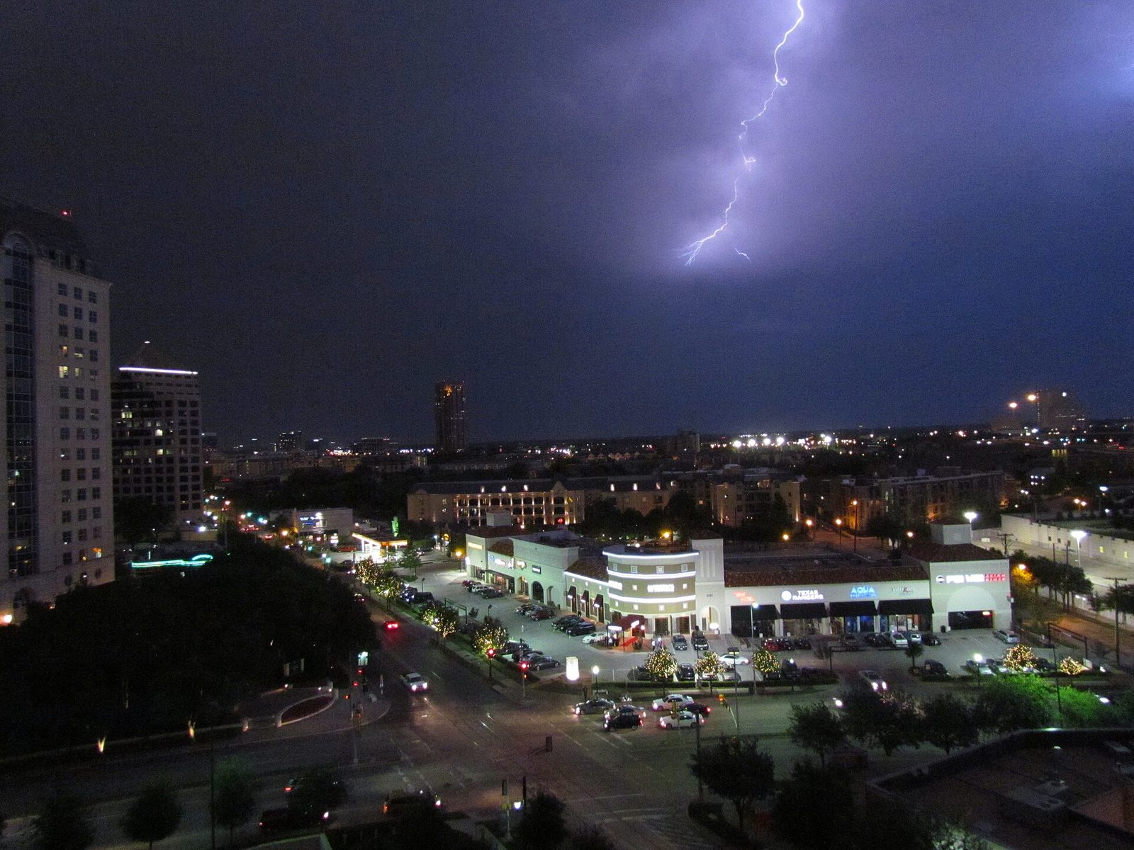 Lightning over the Dallas skyline during a night thunderstorm