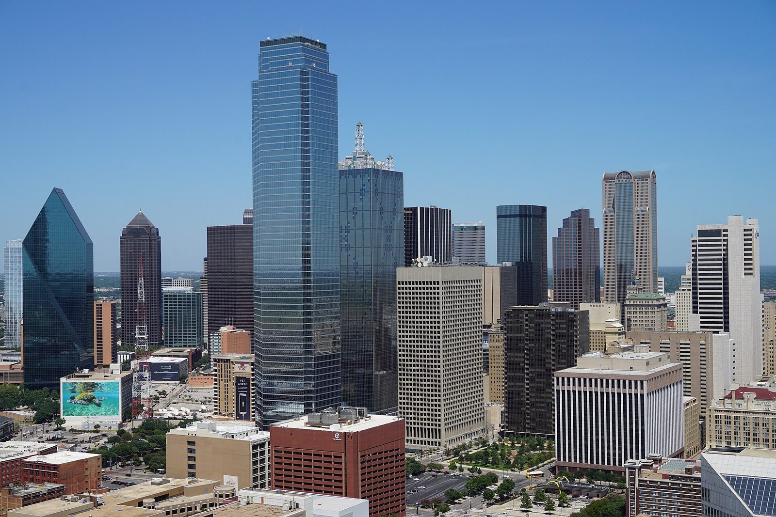 The downtown Dallas skyline seen from above, the city where doing Dallas on a budget means using the free sights