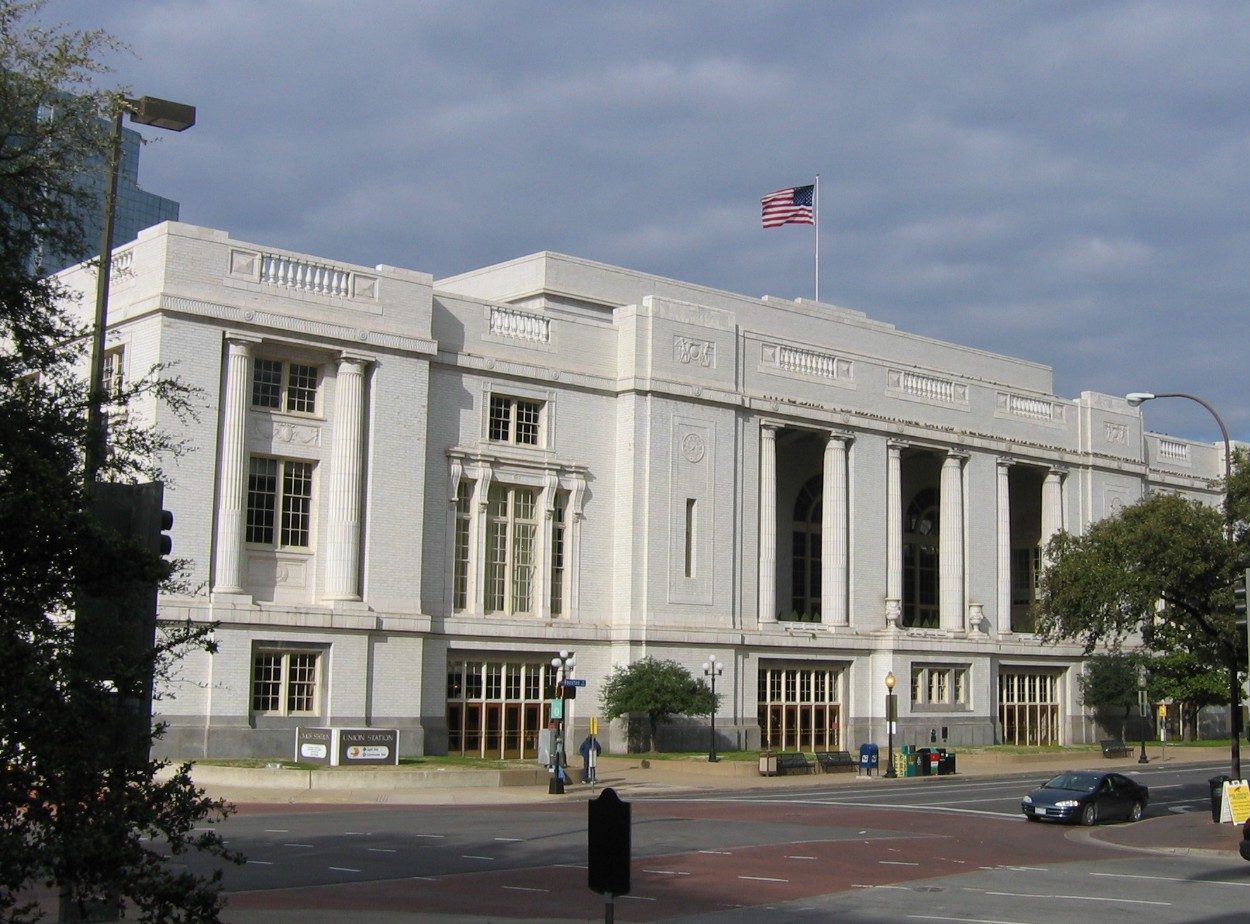 The classical stone facade of Dallas Union Station downtown