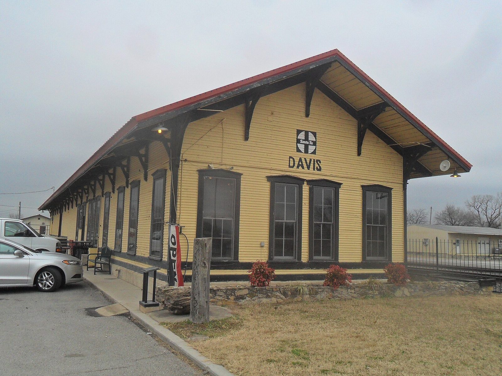 The restored Santa Fe railway depot in Davis, Oklahoma