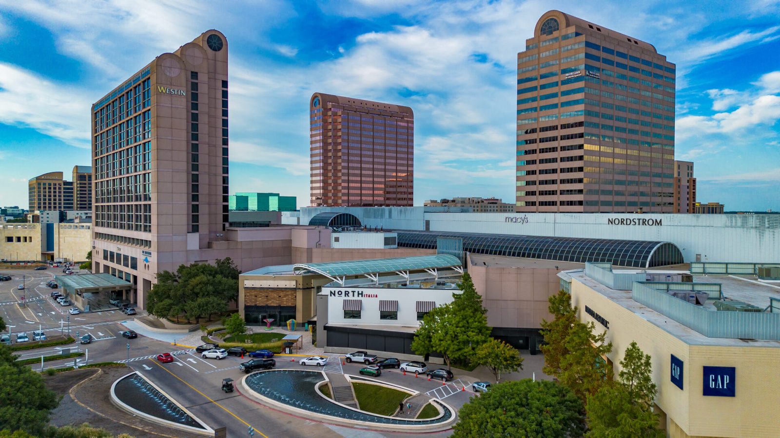 Aerial view of Galleria Dallas with its adjoining towers and parking structures