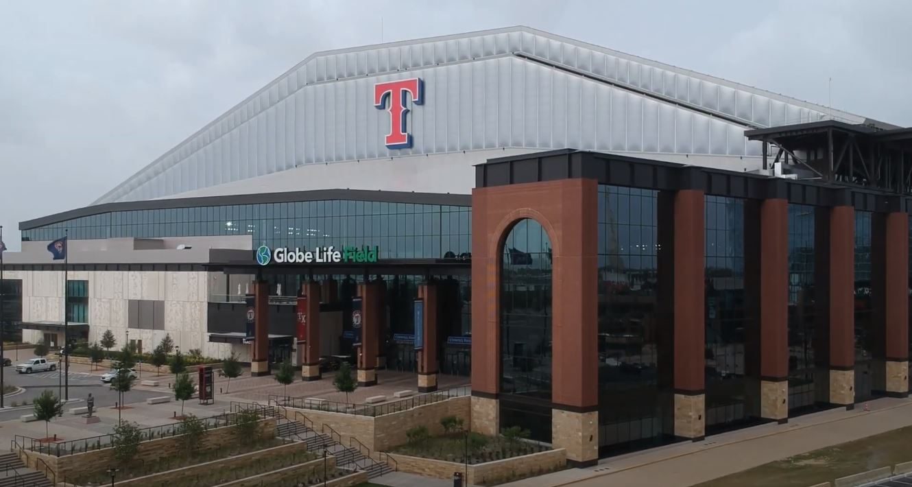 Globe Life Field in Arlington seen from the street entrance