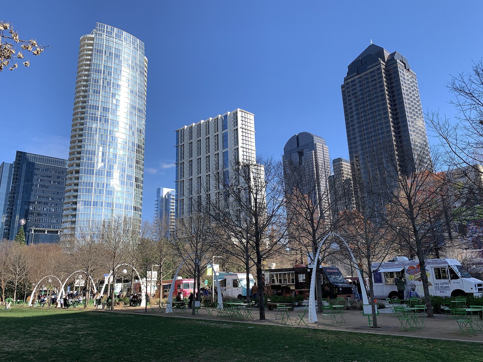 Klyde Warren Park green space with the downtown skyline behind it, a starting point for things to do in Dallas