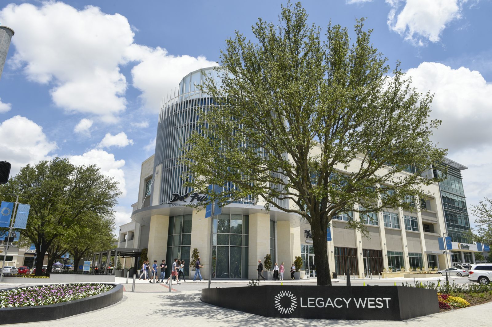 The Legacy West development in Plano, Texas, with modern office and retail buildings