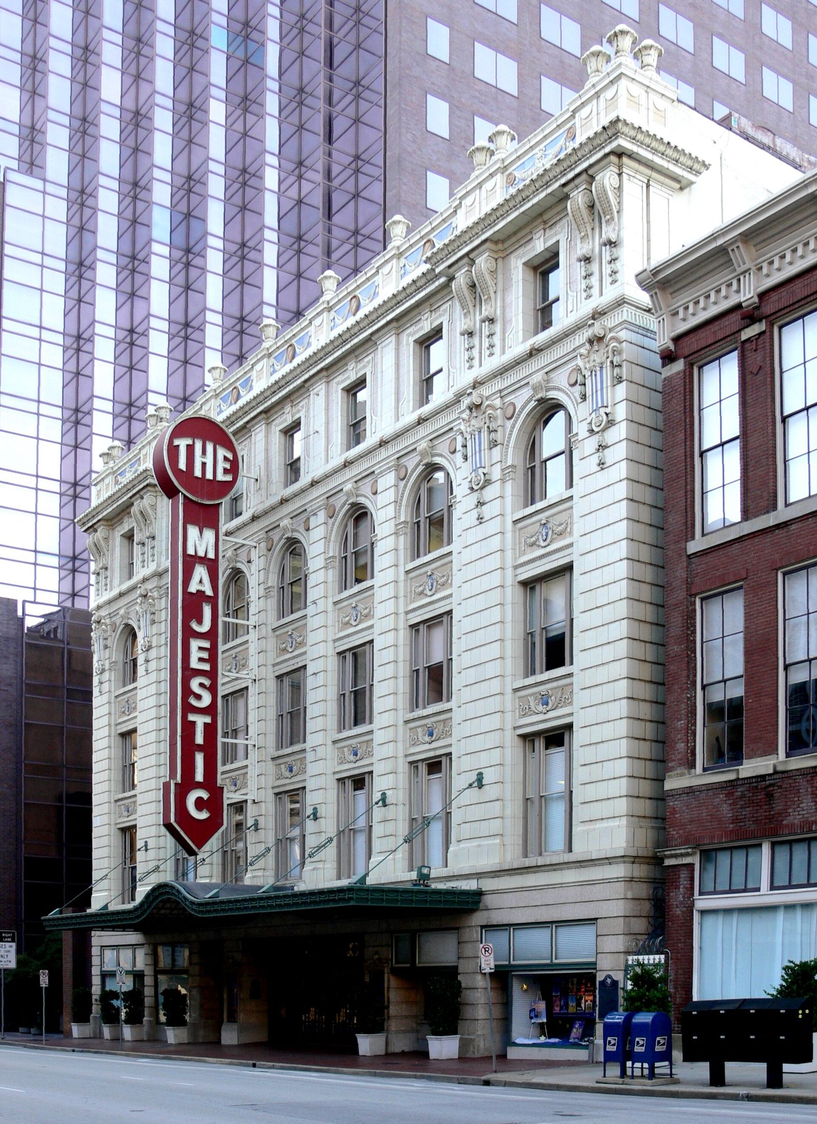 The Majestic Theatre in downtown Dallas with its tall red vertical sign