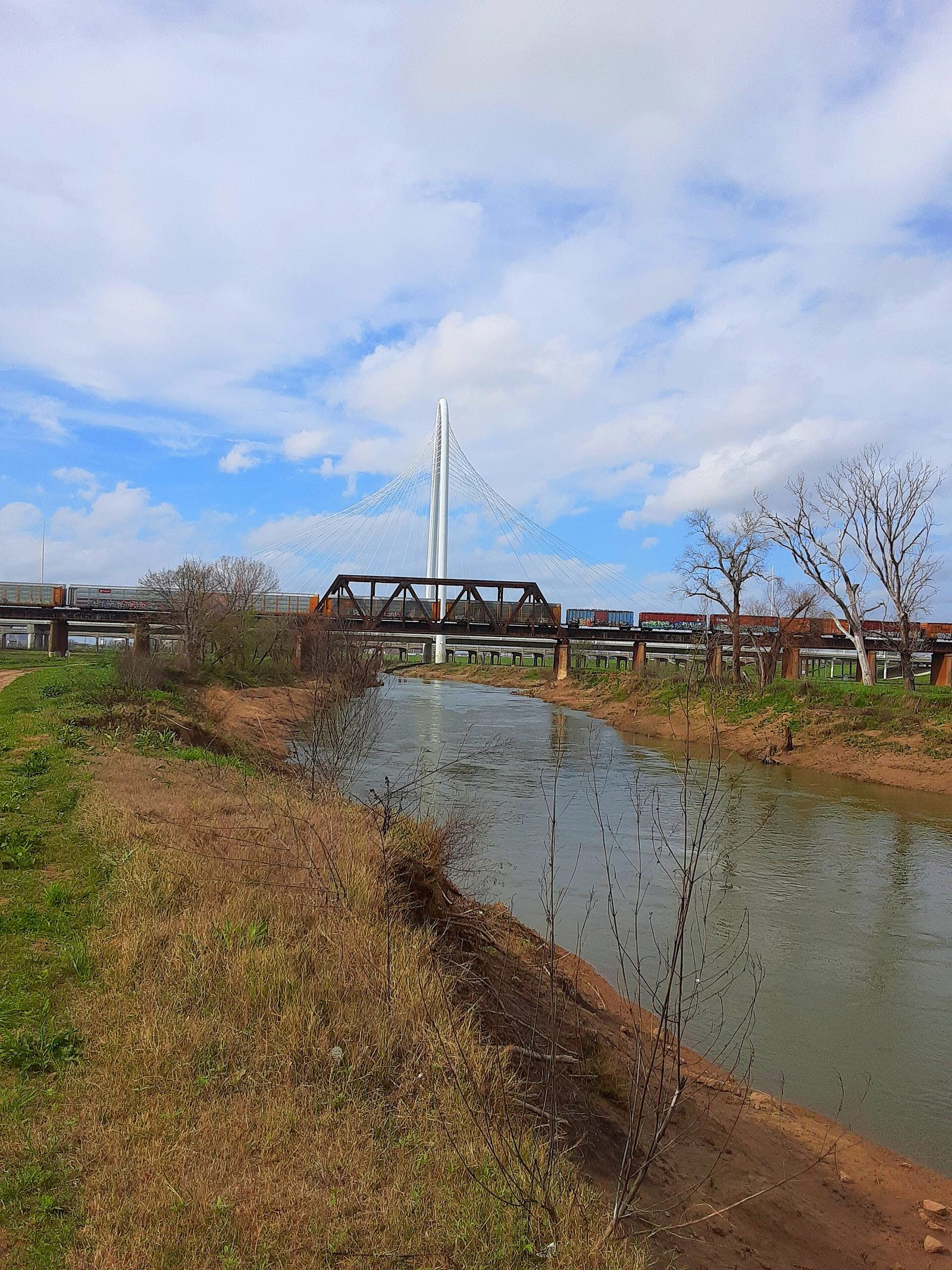 The Trinity River channel with a bridge crossing it west of downtown Dallas