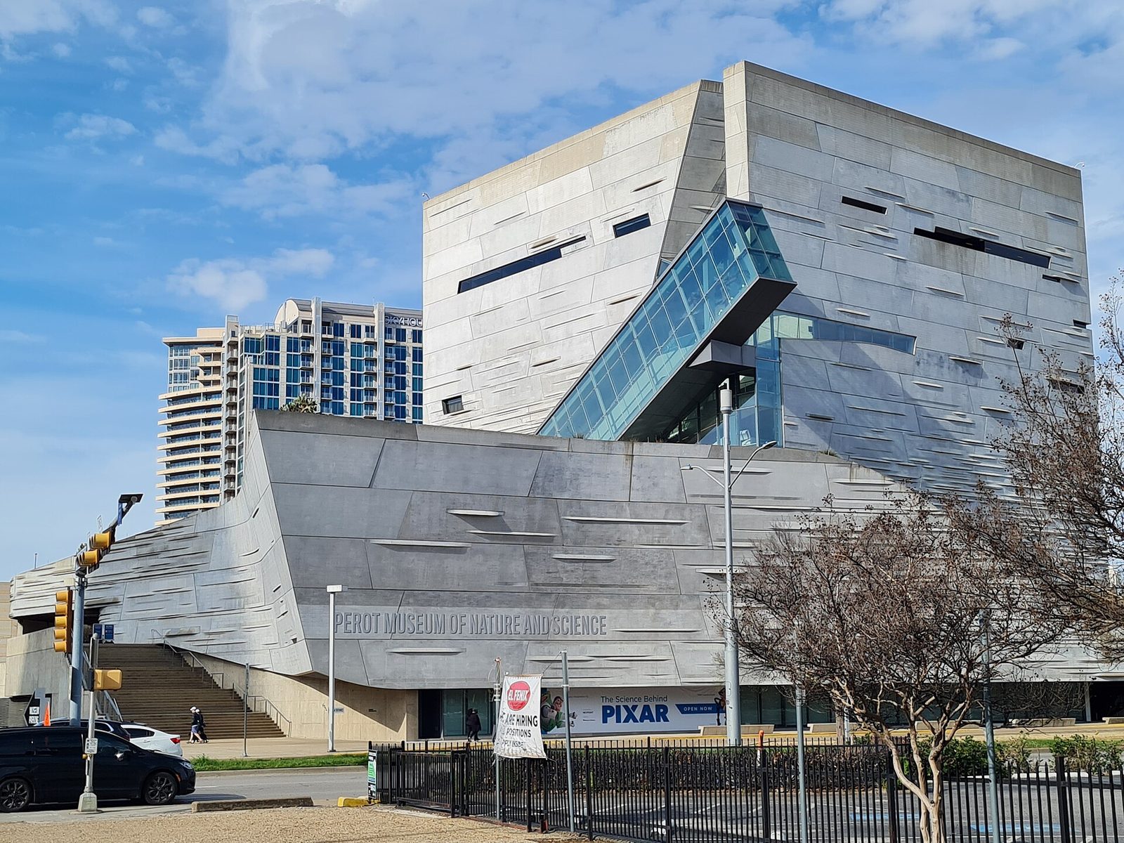 The angular limestone and glass exterior of the Perot Museum of Nature and Science in Dallas