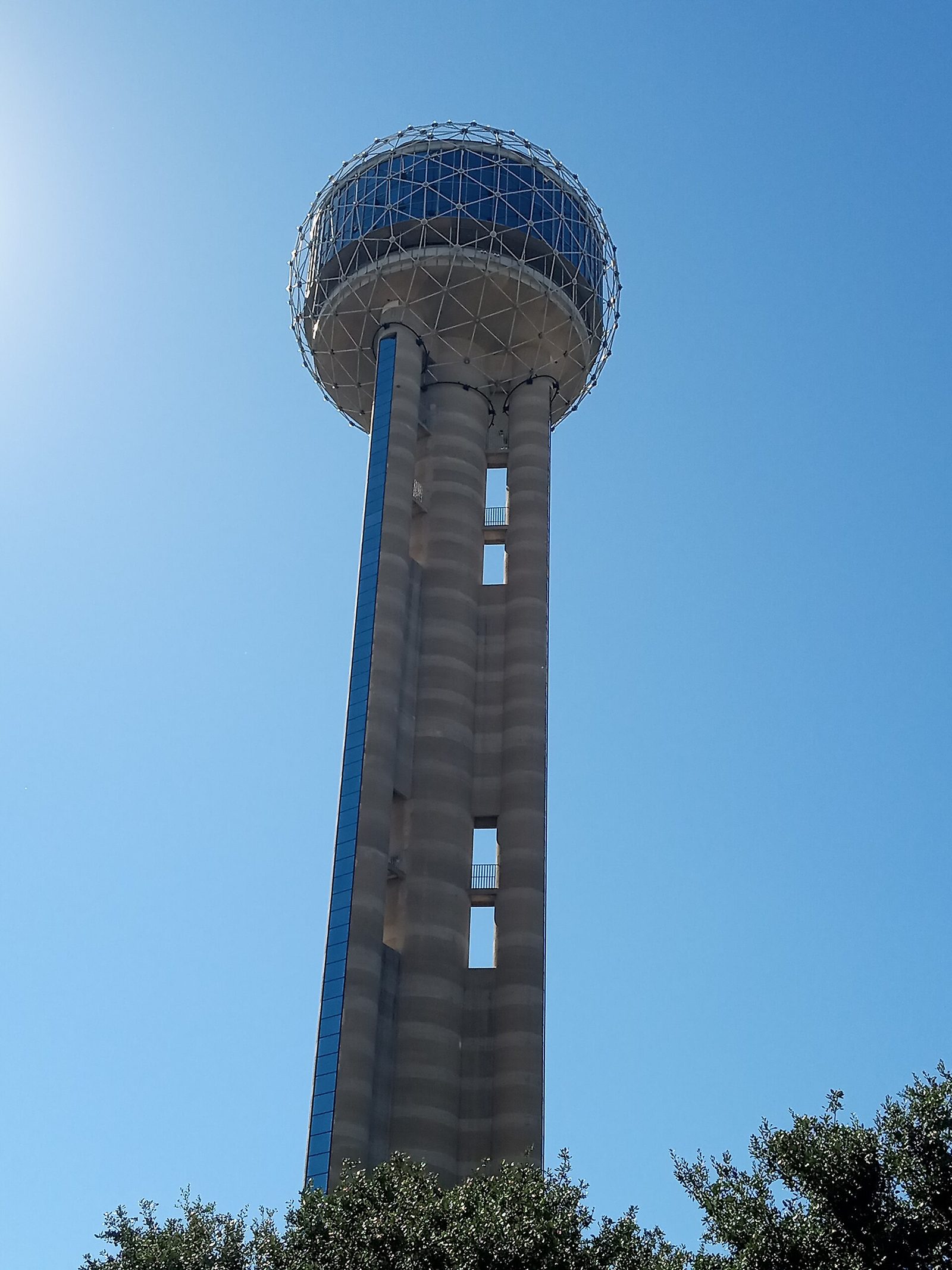Reunion Tower rising above the trees, the launch point for the fireworks that define New Year's Eve in Dallas