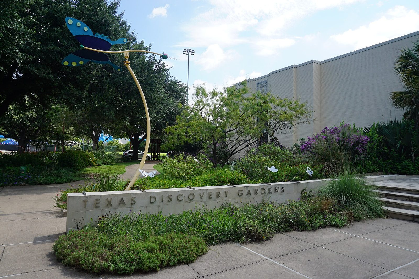 The entrance sign and planting at Texas Discovery Gardens in Fair Park