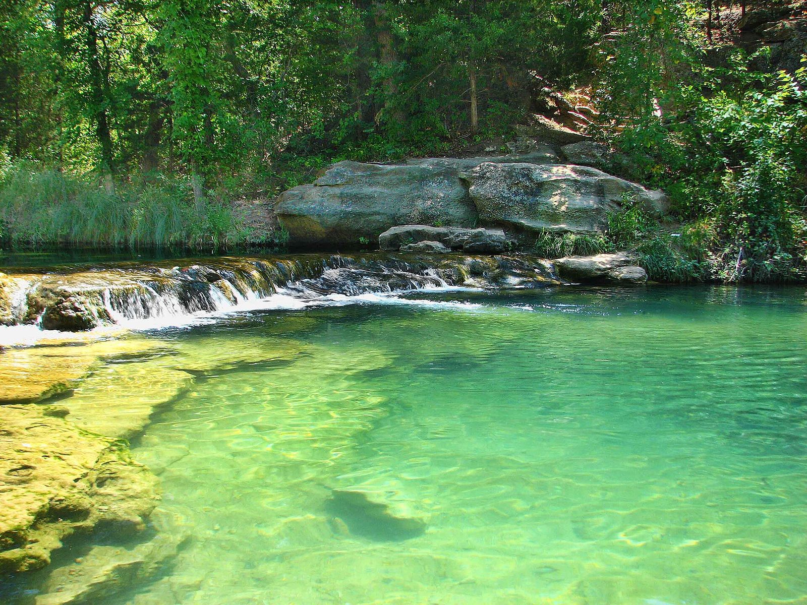 A wide turquoise swimming hole on Travertine Creek surrounded by trees and pale rock